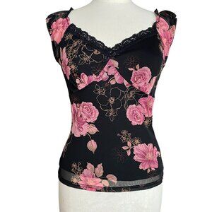 Vintage Y2K Wrapper Floral Mesh Babydoll Top Whimsigoth Fairy Coquette Lace-M